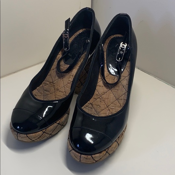 CHANEL Shoes - Chanel Black Patent Wedges with Cross Strap